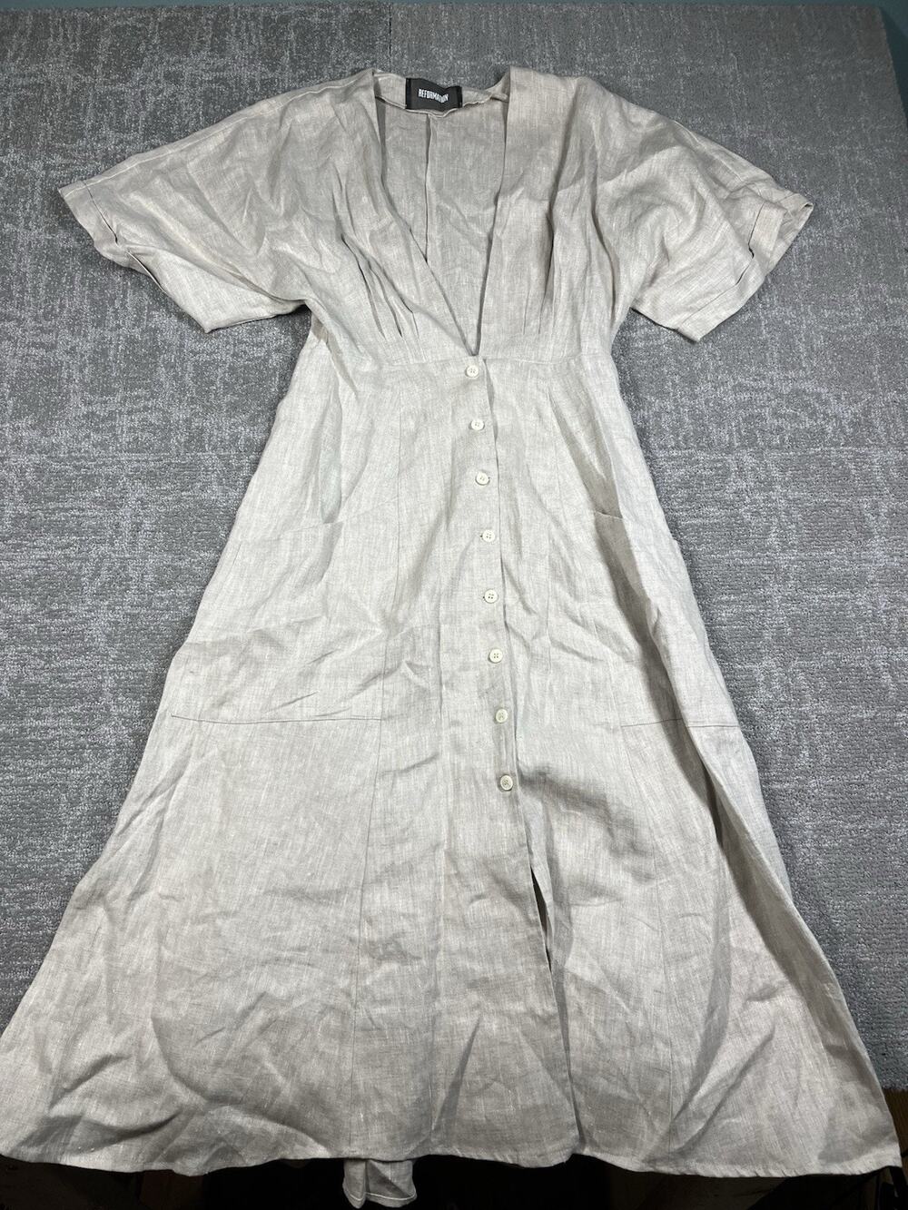Reformation Beige 100% Linen V-Neck Short Sleeve Button Midi Dress Pockets Sz 4